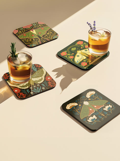 A set of four square hardboard coasters with smoothly rounded corners and a protective high-gloss finish. Each coaster features a unique, highly detailed Art Nouveau style illustration of a moth centered against a dark, botanical background. The intricate artwork uses a rich, moody color palette of deep forest greens, ochre, muted olive, crimson, and black, evoking a vintage, scholarly feel. These decorative drinkware accessories are designed for coffee table and bar cart use.